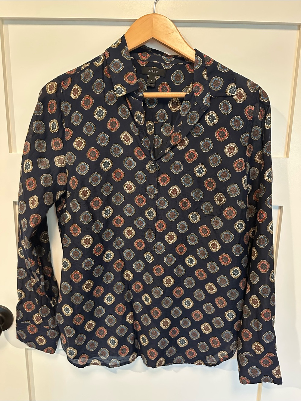 J Crew Navy Pullover Silk & Cotton Shirt Size 8